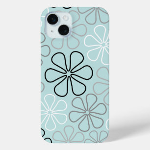 Abstract Big Flower Outlines BWG+Duck Egg Blue iPhone 15 Mini Case