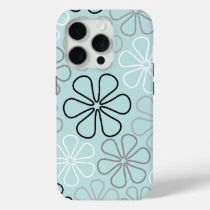 Abstract Big Flower Outlines BWG+Duck Egg Blue iPhone 15 Pro Case
