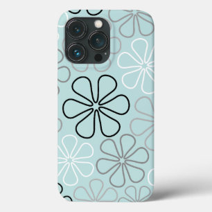 Abstract Big Flower Outlines BWG+Duck Egg Blue iPhone 13 Pro Case