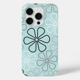 Abstract Big Flower Outlines BWG+Duck Egg Blue iPhone 15 Pro Case