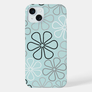 Abstract Big Flower Outlines BWG+Duck Egg Blue iPhone 15 Plus Case