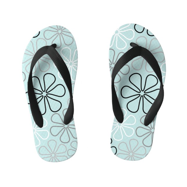 Abstract Big Flower Outlines BWG+Duck Egg Blue Kid's Jandals (Footbed)