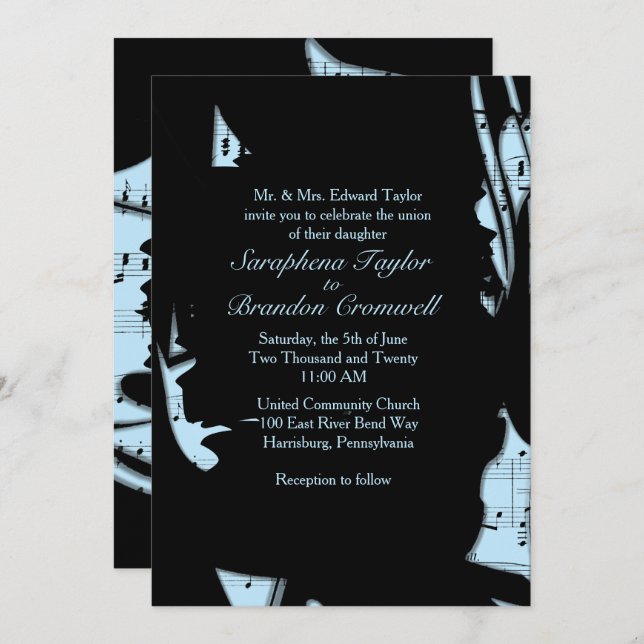 Abstract Black and Blue Music Wedding Invitation (Front/Back)