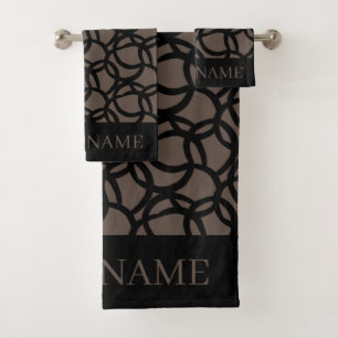 Abstract Black and Brown Pattern Custom Name Bath Towel Set