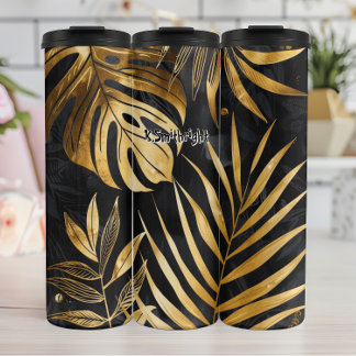 Abstract Black and Gold Botanical Thermal Tumbler