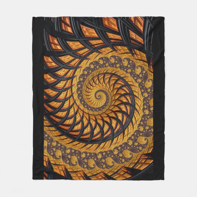 Abstract Black and Gold Spiral Fractal Fleece Blanket (Front)