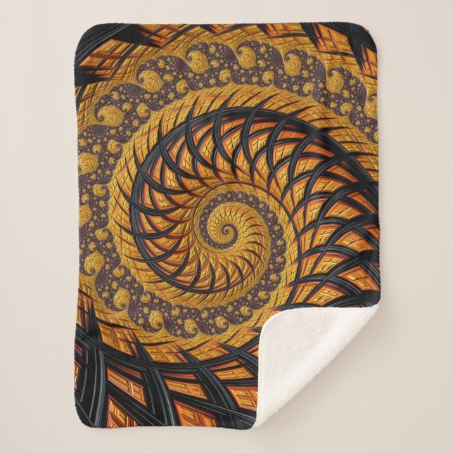 Abstract Black and Gold Spiral Fractal Sherpa Blanket (Front)