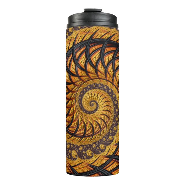 Abstract Black and Gold Spiral Fractal Thermal Tumbler (Front)