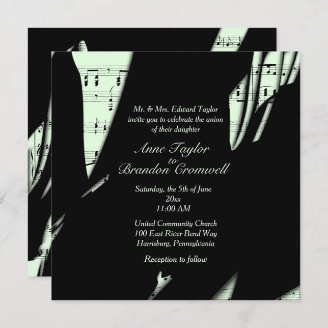 Abstract Black and Green Music Wedding Invitation (Front/Back)