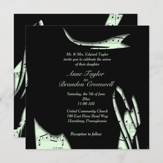 Abstract Black and Green Music Wedding Invitation (Front/Back)