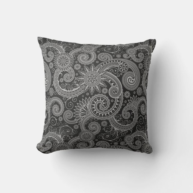 Abstract Black and Grey Floral Pattern Cushion (Front)