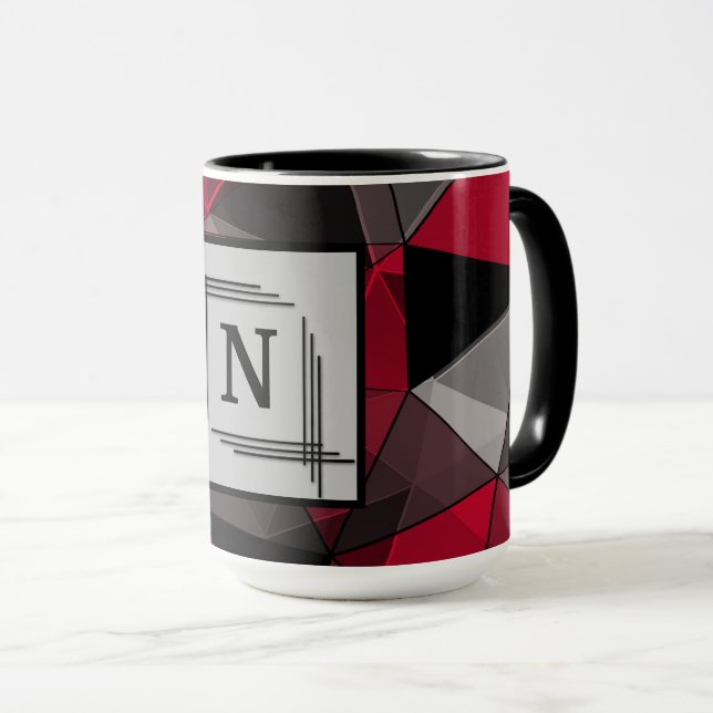 Abstract, black and red, monogram, personalised mug (Front Right)