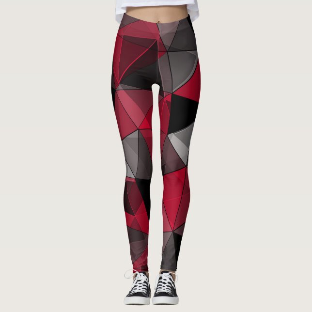 Abstract, black and red, triangle, geometric, blac leggings (Front)