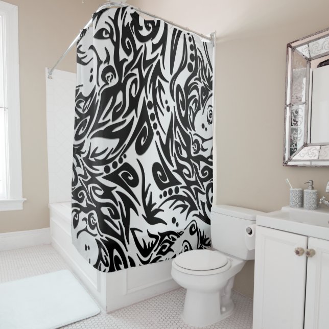 Abstract Black and Silver Tribal Wolf Shower Curtain (In Situ)