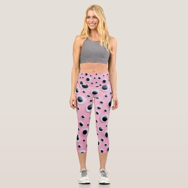 Abstract Black and White Balls on Pink Background Capri Leggings (Front)