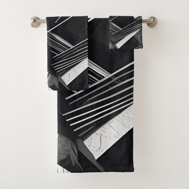 Abstract Black and White Dark Geometric Pattern Bath Towel Set (Insitu)