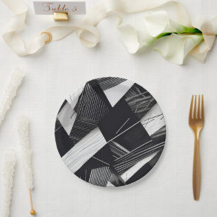 Abstract Black and White Dark Geometric Pattern Paper Plate