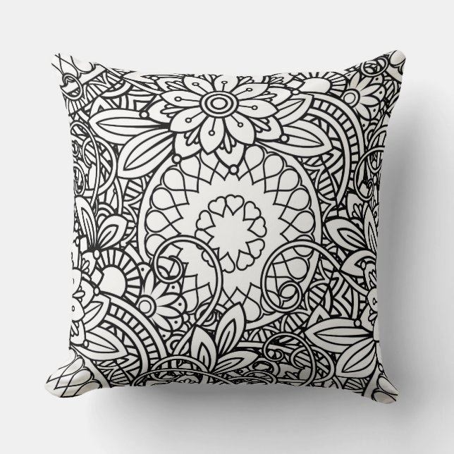 Abstract Black And White Doodles Cushion (Front)