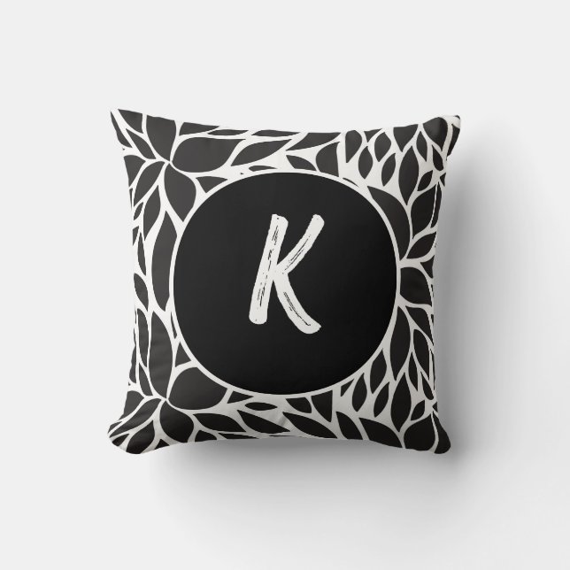 Abstract Black and White Floral Monogram Cushion (Front)