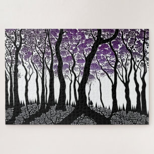 Abstract Black and White Forest with Purple Leaves Jigsaw Puzzle
