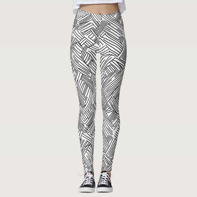 Abstract Black and White Geometric Line Pattern 2 Leggings (Front)