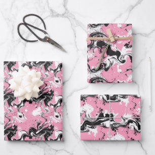 Abstract Black and White Ink Swirl on Soft Pink Wrapping Paper Sheet