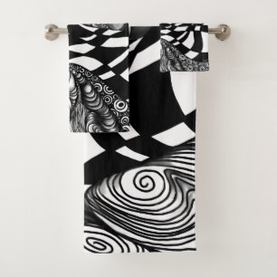 Abstract black and white line tangle bath towel set