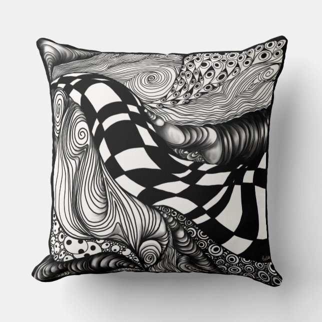 Abstract black and white line tangle cushion (Front)