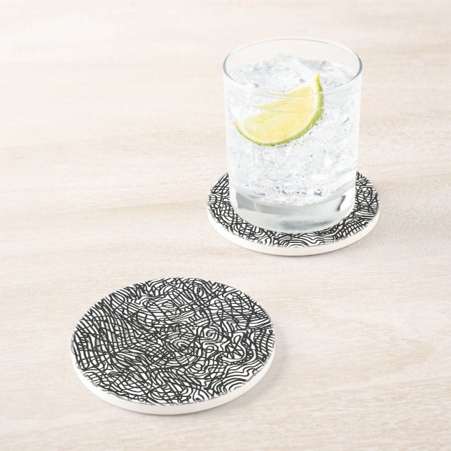 Abstract Black and White Lines Pattern Sandstone Coaster (Side)