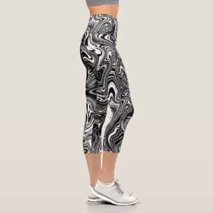 Abstract Black and White Liquid Marble Capri Leggings
