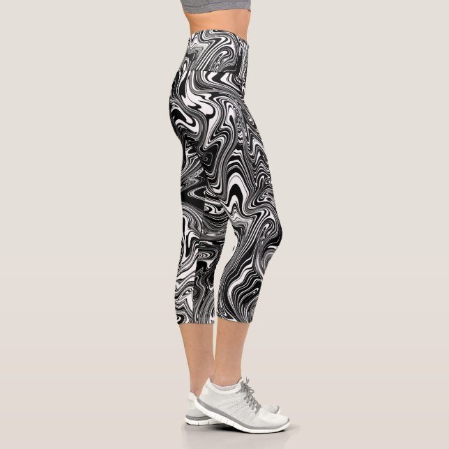 Abstract Black and White Liquid Marble Capri Leggings (Right)