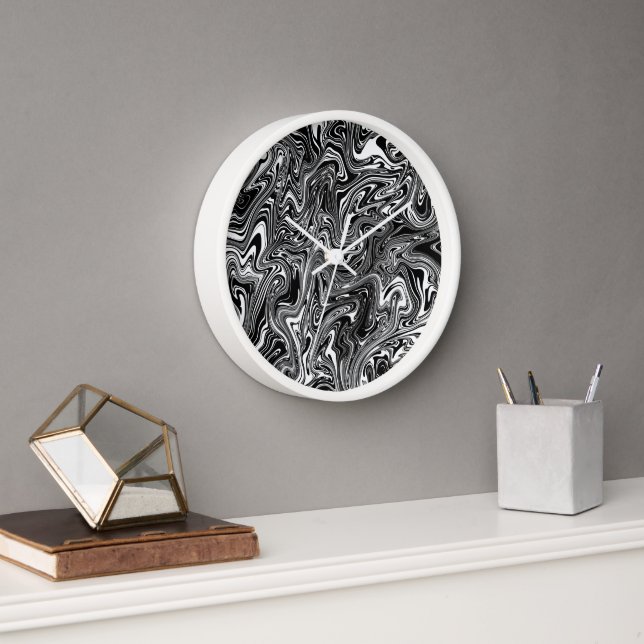 Abstract Black and White Liquid Marble Clock (Office)