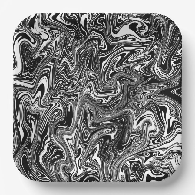 Abstract Black and White Liquid Marble Paper Plate (Front)