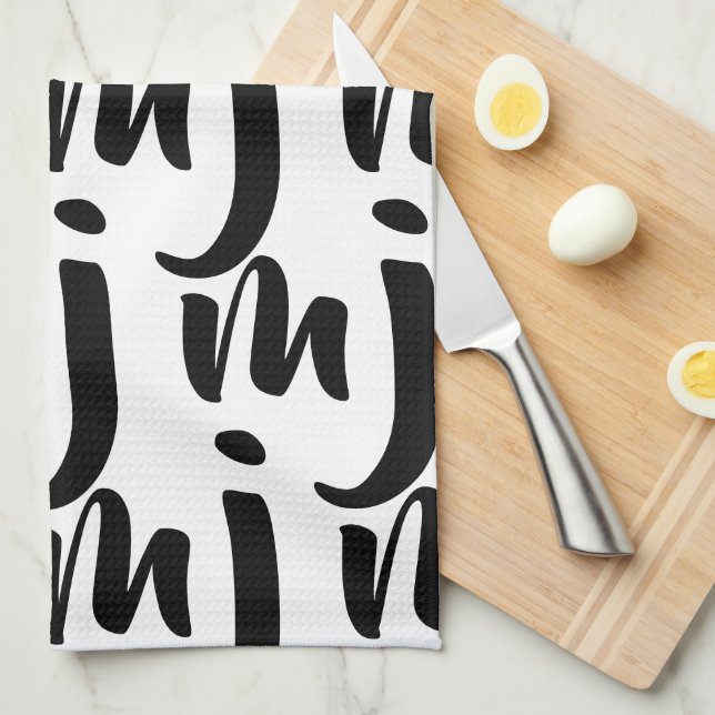Abstract Black and White Monogram Pattern Tea Towel (Quarter Fold)