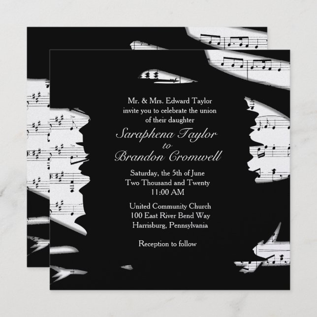 Abstract Black and White Music Wedding Invitation (Front/Back)