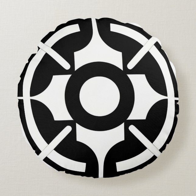 Abstract Black-and-White Symbolic Geometric Round Cushion (Front)