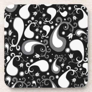 Abstract black and white Tulip Paisley Floral Coaster