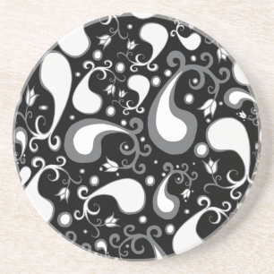 Abstract black and white Tulip Paisley Floral Coaster