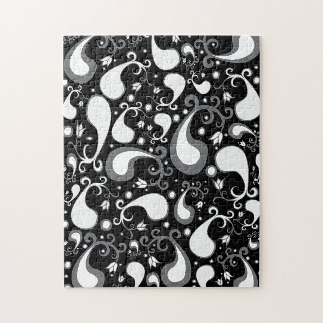 Abstract black and white Tulip Paisley Floral Jigsaw Puzzle (Vertical)