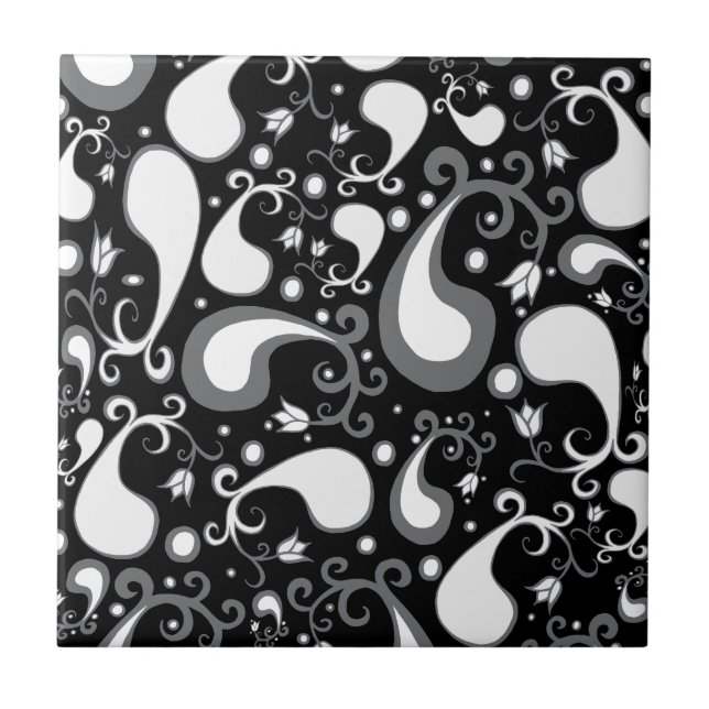 Abstract black and white Tulip Paisley Floral Tile (Front)
