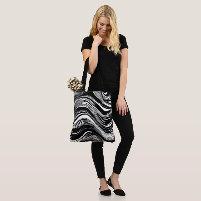 Abstract Black and White Wave Tote Bag (On Model)