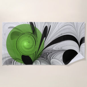 Abstract Black and White with Green Fractal Art Beach Towel