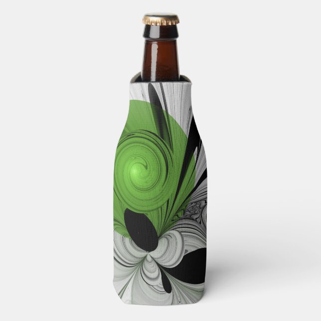 Abstract Black and White with Green Fractal Art Bottle Cooler (Bottle Front)
