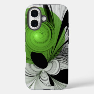 Abstract Black and White with Green Fractal Art iPhone 16 Case