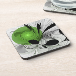 Abstract Black and White with Green Fractal Art Coaster