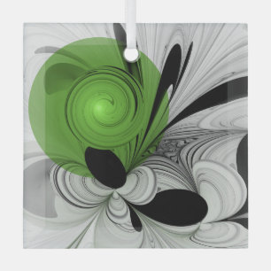 Abstract Black and White with Green Fractal Art Glass Tree Decoration