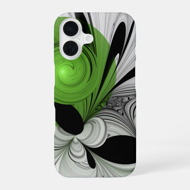 Abstract Black and White with Green Fractal Art iPhone 16 Case (Back)