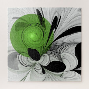 Abstract Black and White with Green Fractal Art Jigsaw Puzzle