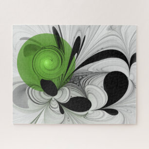 Abstract Black and White with Green Fractal Art Jigsaw Puzzle