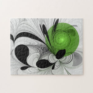 Abstract Black and White with Green Fractal Art Jigsaw Puzzle